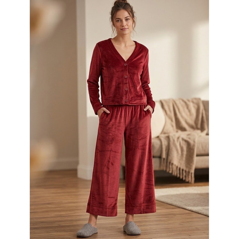 Jockey Womens Velour Wide Leg Lounge Pajama Set Burgundy Red 2pc Cardigan Top